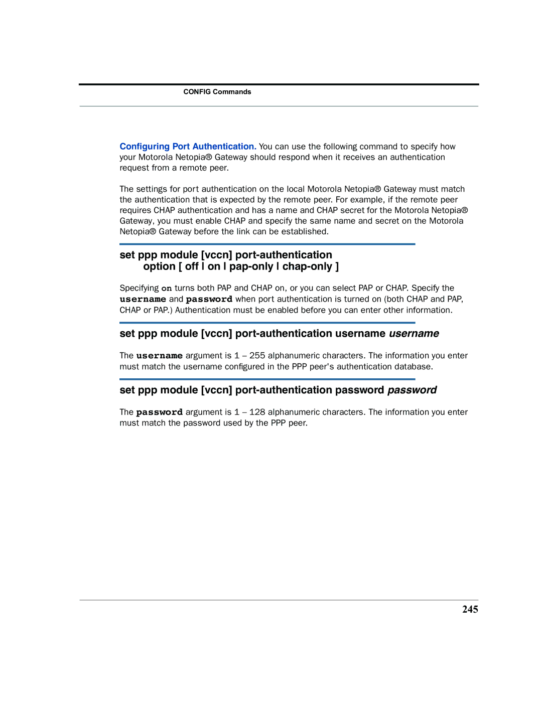 Motorola 7.7.4 manual Set ppp module vccn port-authentication username username, 245 