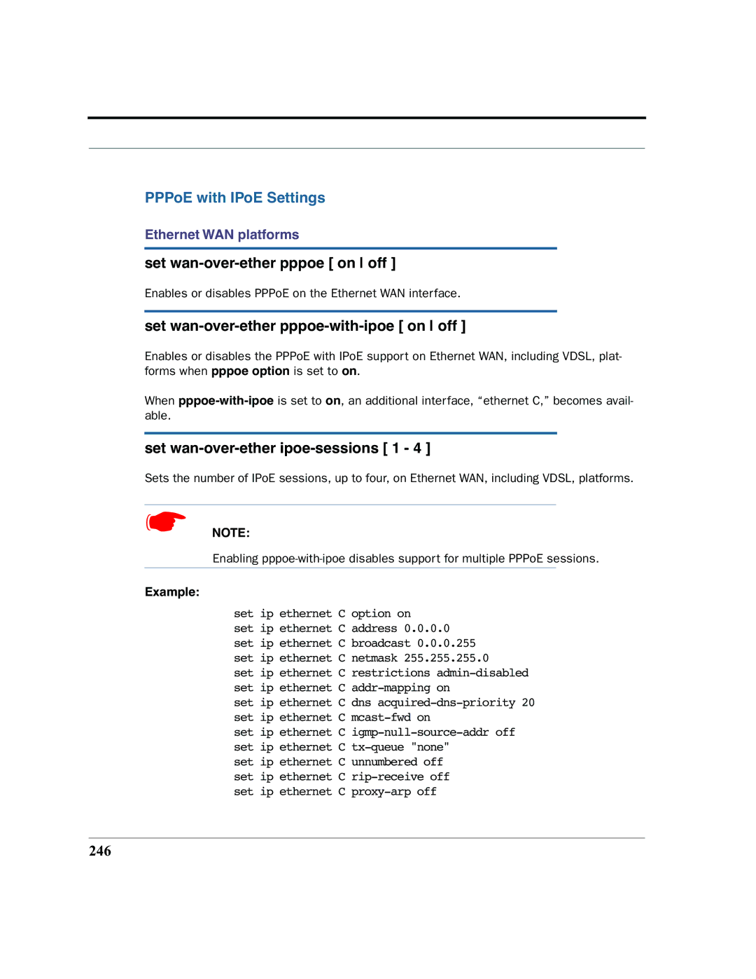 Motorola 7.7.4 PPPoE with IPoE Settings, Set wan-over-ether pppoe on off, Set wan-over-ether pppoe-with-ipoe on off, 246 