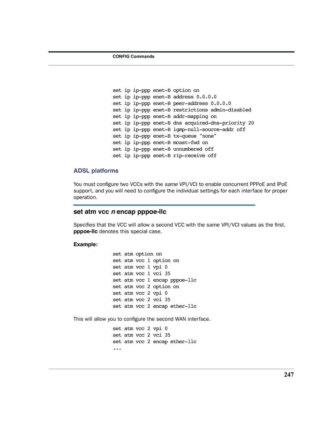 Motorola 7.7.4 manual Set atm vcc n encap pppoe-llc, 247 