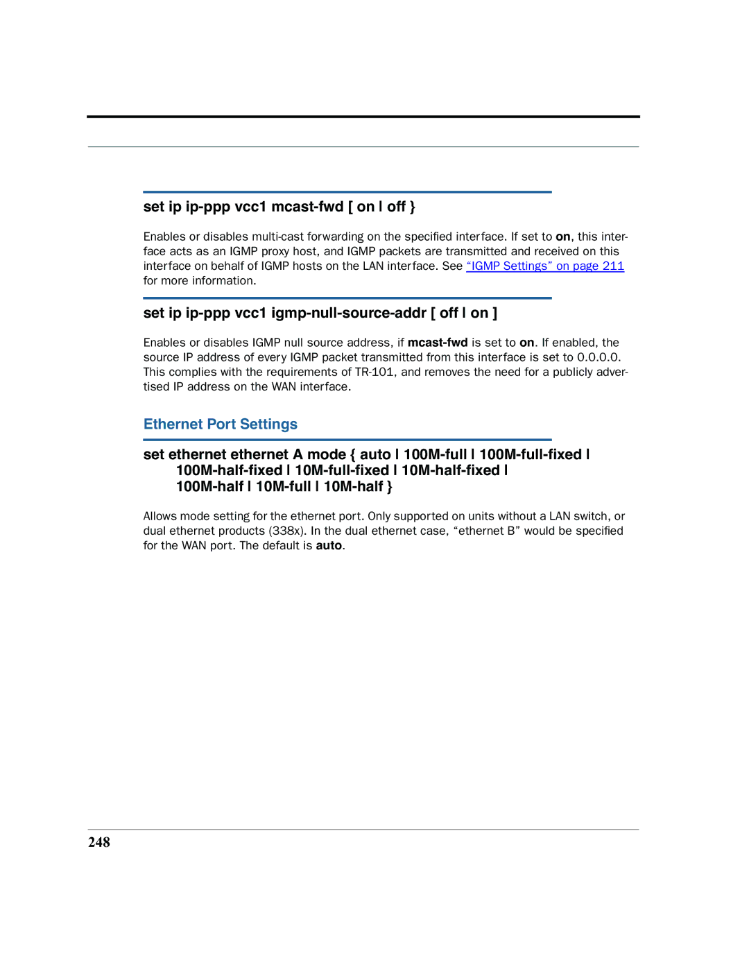 Motorola 7.7.4 manual Set ip ip-ppp vcc1 mcast-fwd on off, Set ip ip-ppp vcc1 igmp-null-source-addr off on, 248 