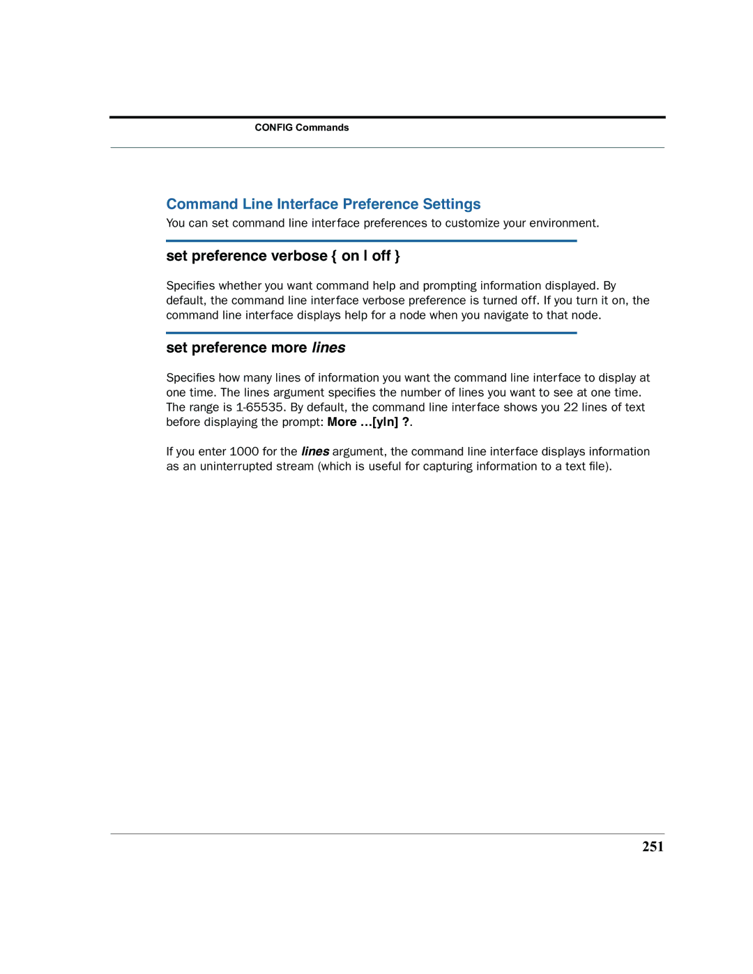 Motorola 7.7.4 Command Line Interface Preference Settings, Set preference verbose on off, Set preference more lines, 251 