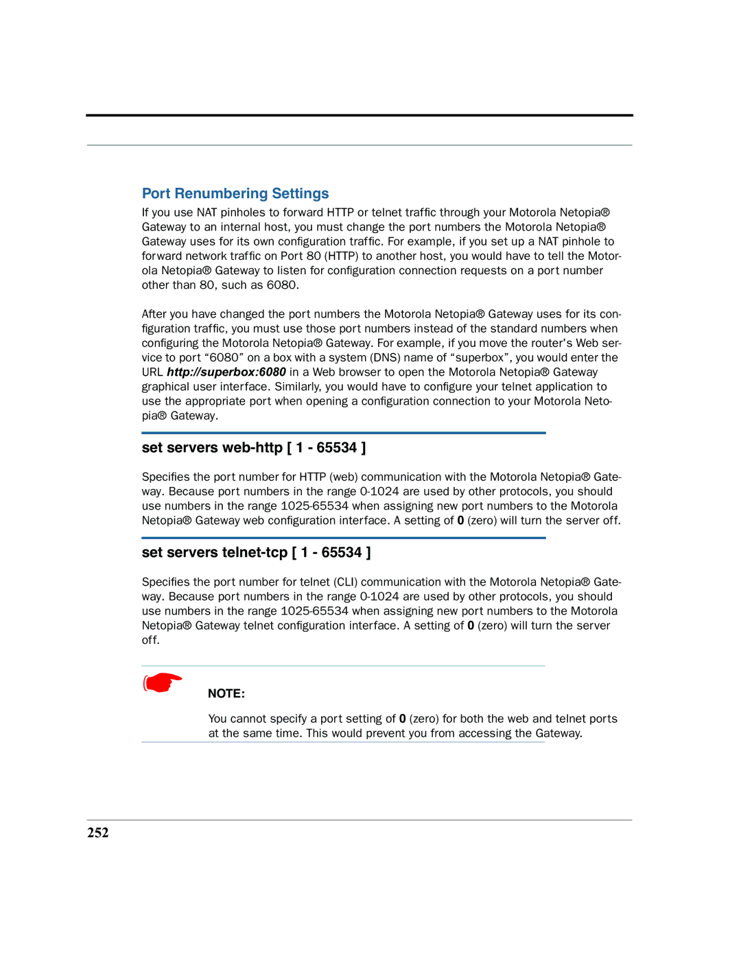 Motorola 7.7.4 manual Port Renumbering Settings, Set servers web-http 1, Set servers telnet-tcp 1, 252 