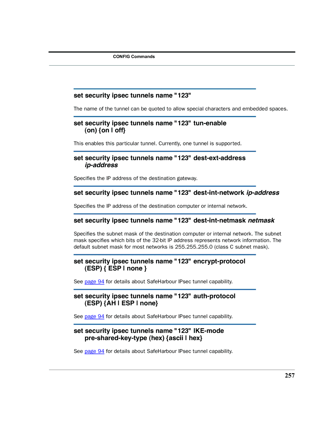 Motorola 7.7.4 manual Set security ipsec tunnels name 123 tun-enable on on off, 257 