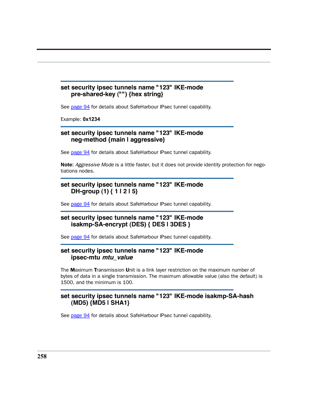 Motorola 7.7.4 manual Set security ipsec tunnels name 123 IKE-mode DH-group 1 1 2, 258 