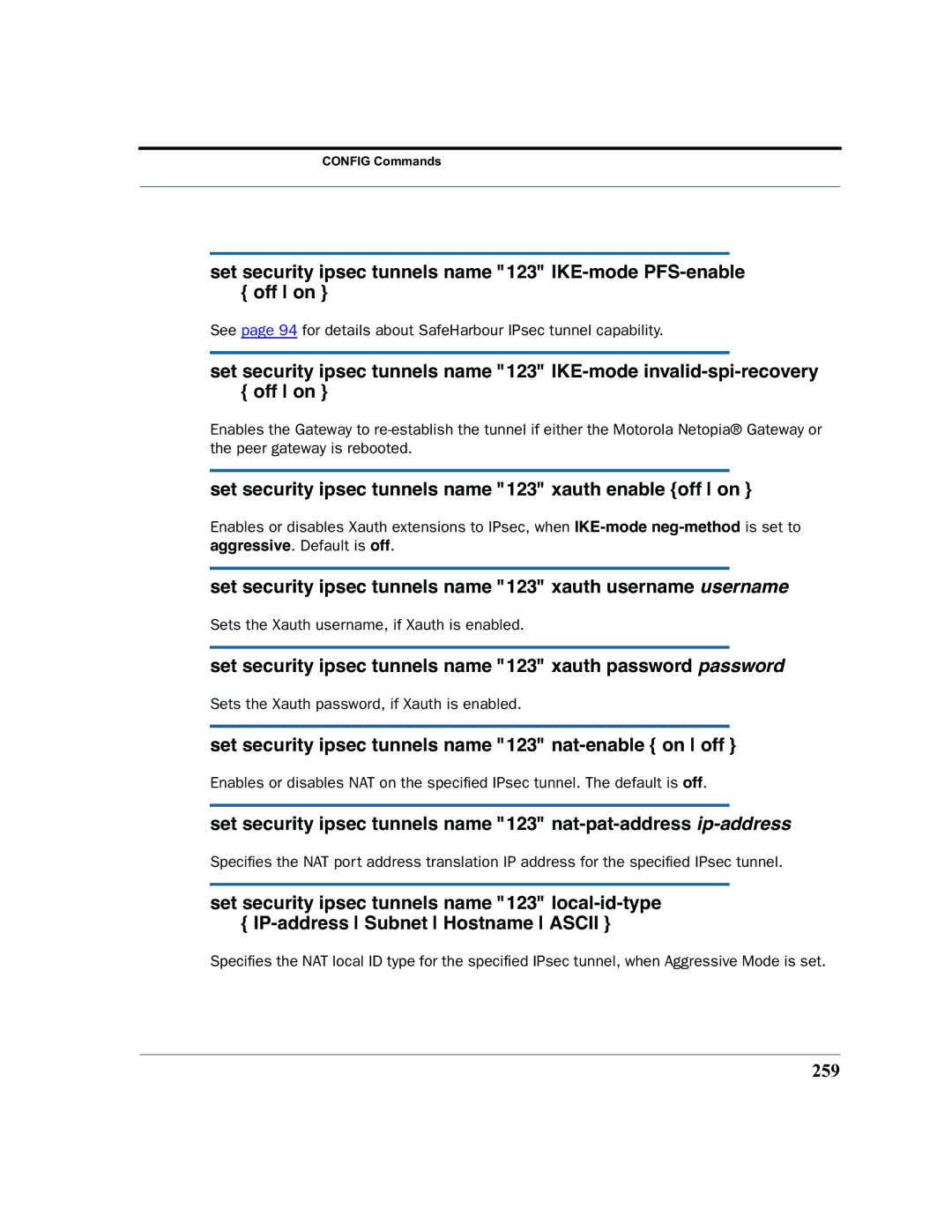 Motorola 7.7.4 manual Set security ipsec tunnels name 123 xauth enable off on, 259 