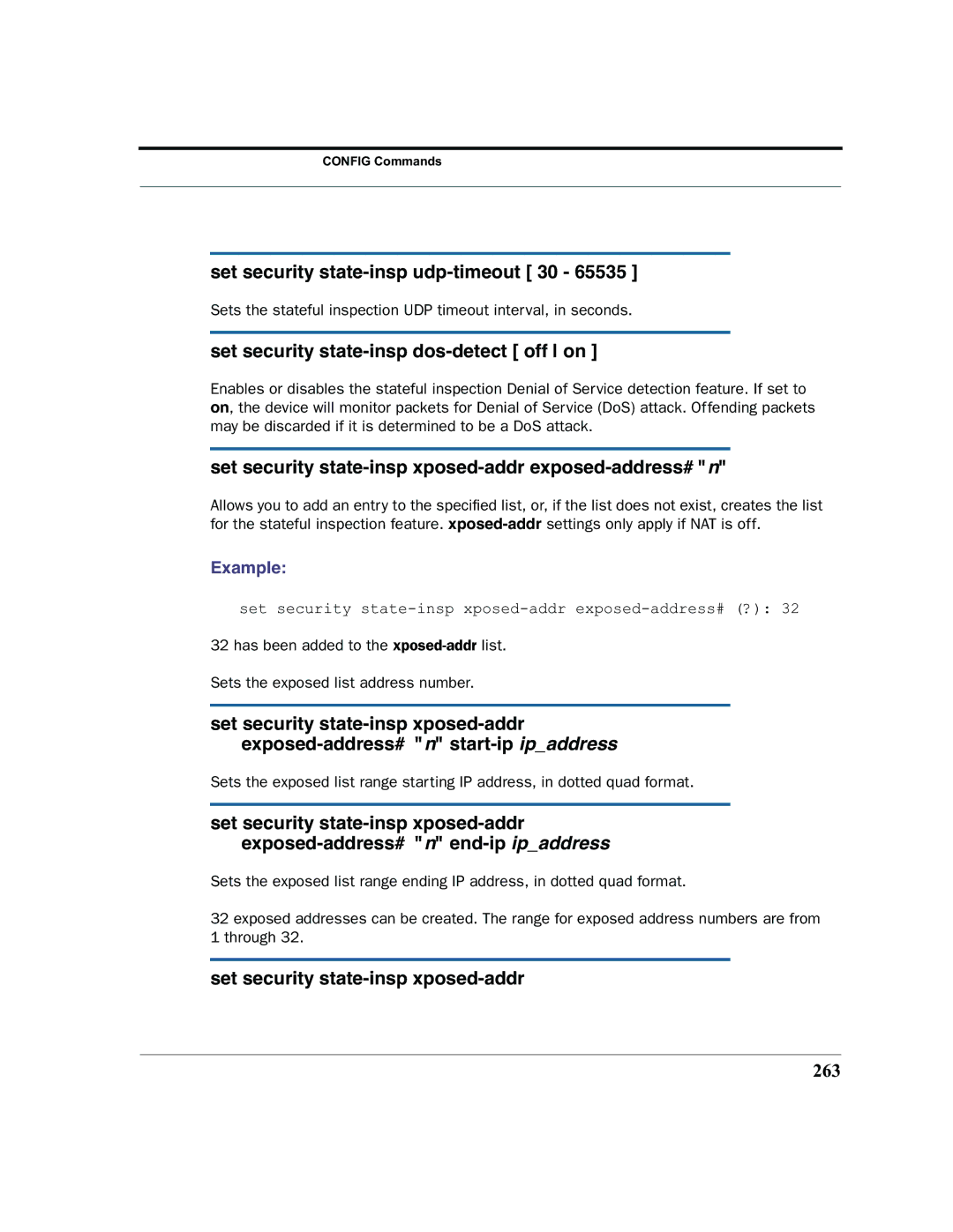 Motorola 7.7.4 manual Set security state-insp udp-timeout 30, Set security state-insp dos-detect off on, 263 