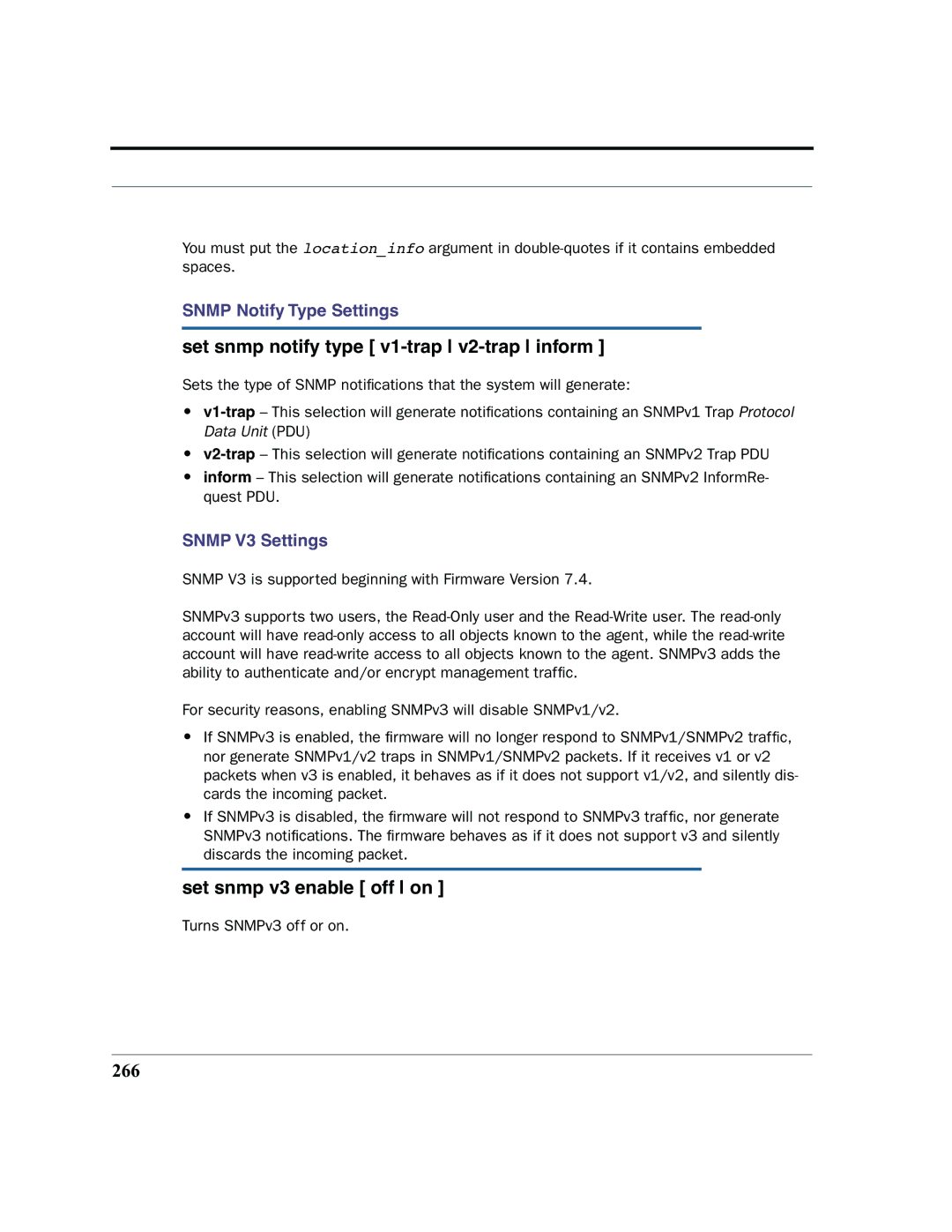 Motorola 7.7.4 manual Set snmp notify type v1-trap v2-trap inform, Set snmp v3 enable off on, 266 