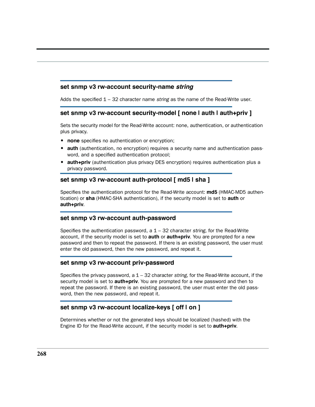 Motorola 7.7.4 Set snmp v3 rw-account security-name string, Set snmp v3 rw-account security-model none auth auth+priv 