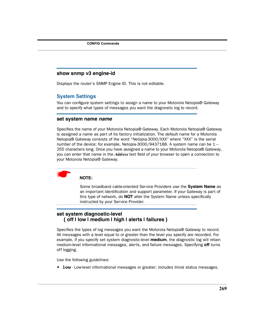 Motorola 7.7.4 manual Show snmp v3 engine-id, System Settings, Set system name name, 269 