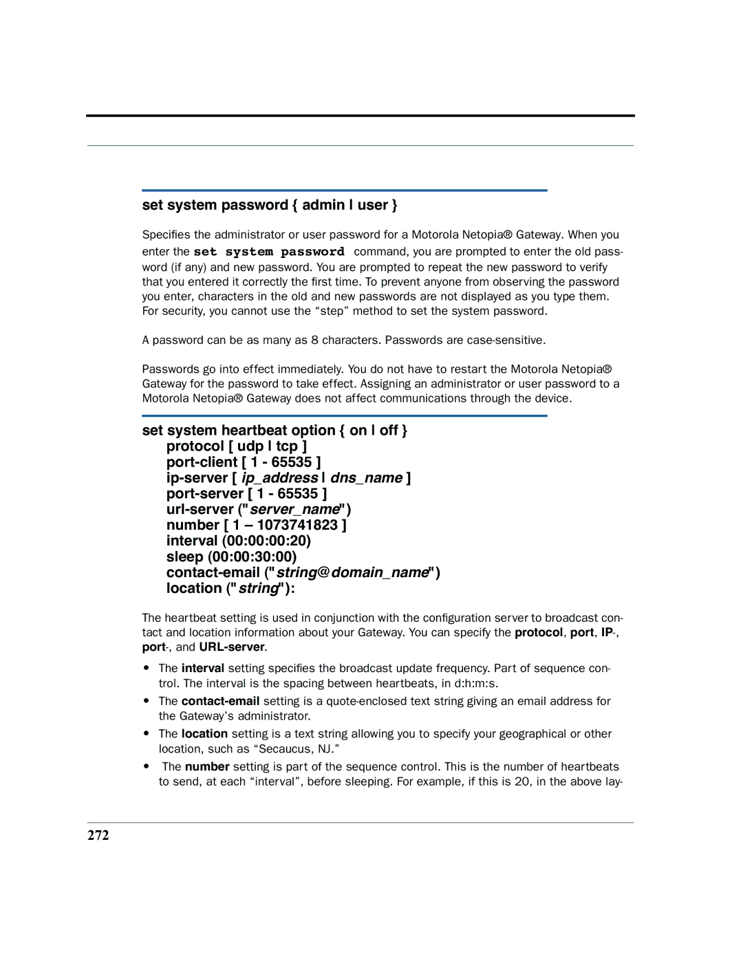 Motorola 7.7.4 manual Set system password admin user, Sleep Contact-email string@domainname location string, 272 