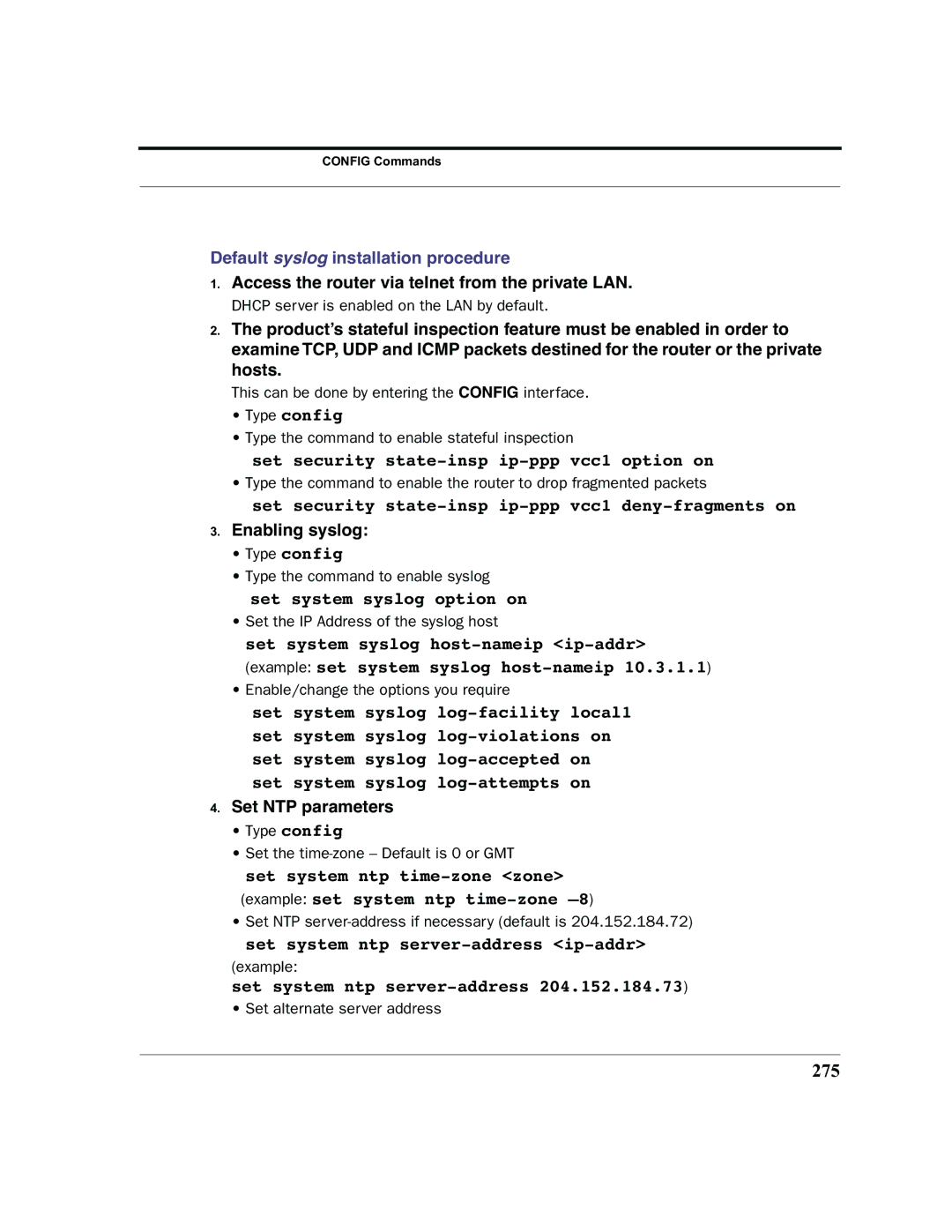 Motorola 7.7.4 manual 275, Default syslog installation procedure 