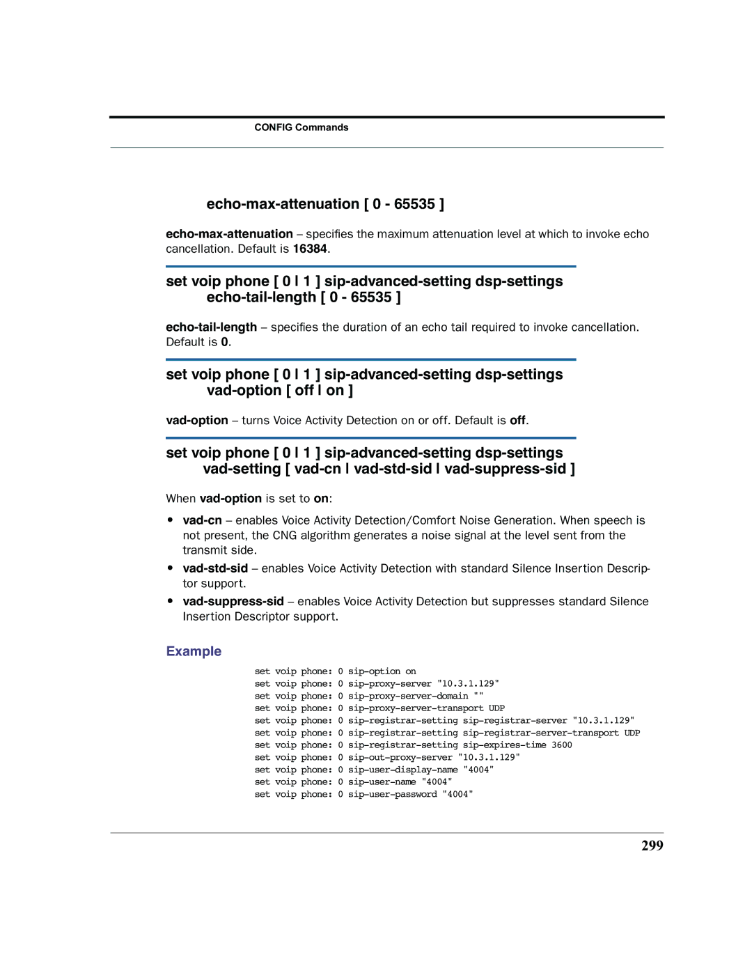 Motorola 7.7.4 manual Echo-max-attenuation 0, 299 