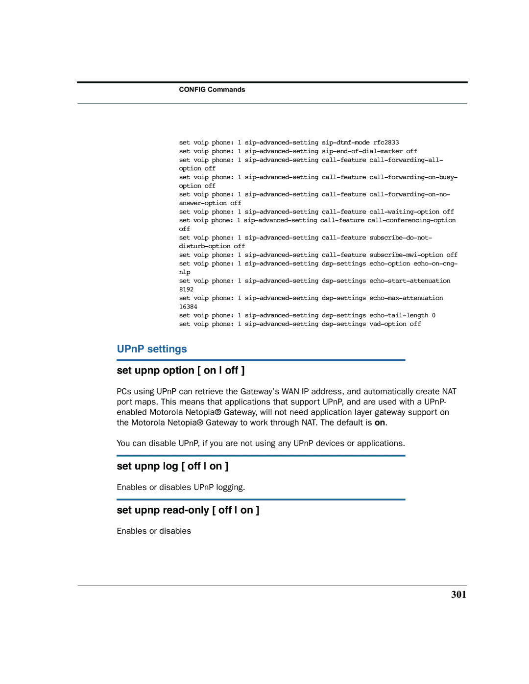 Motorola 7.7.4 manual UPnP settings, Set upnp option on off, Set upnp log off on, Set upnp read-only off on, 301 