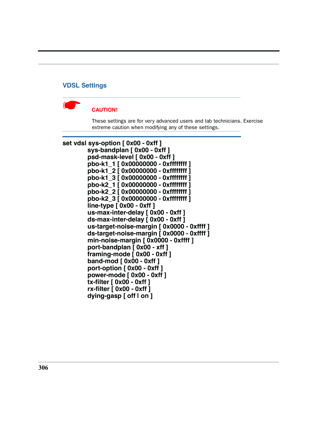 Motorola 7.7.4 manual Vdsl Settings, 306 