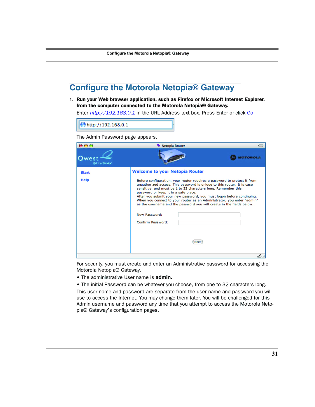 Motorola 7.7.4 manual Conﬁgure the Motorola Netopia Gateway 