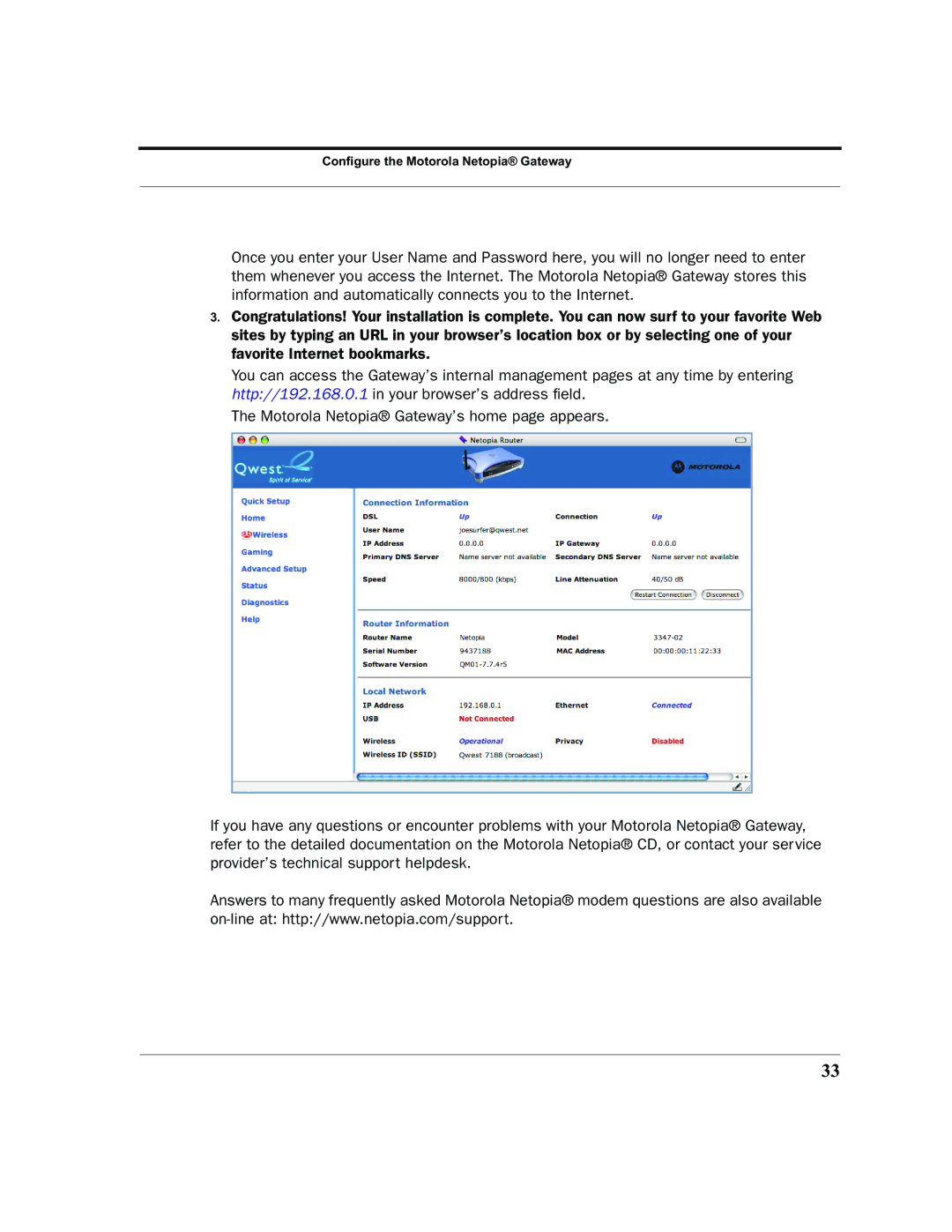 Motorola 7.7.4 manual Configure the Motorola Netopia Gateway 