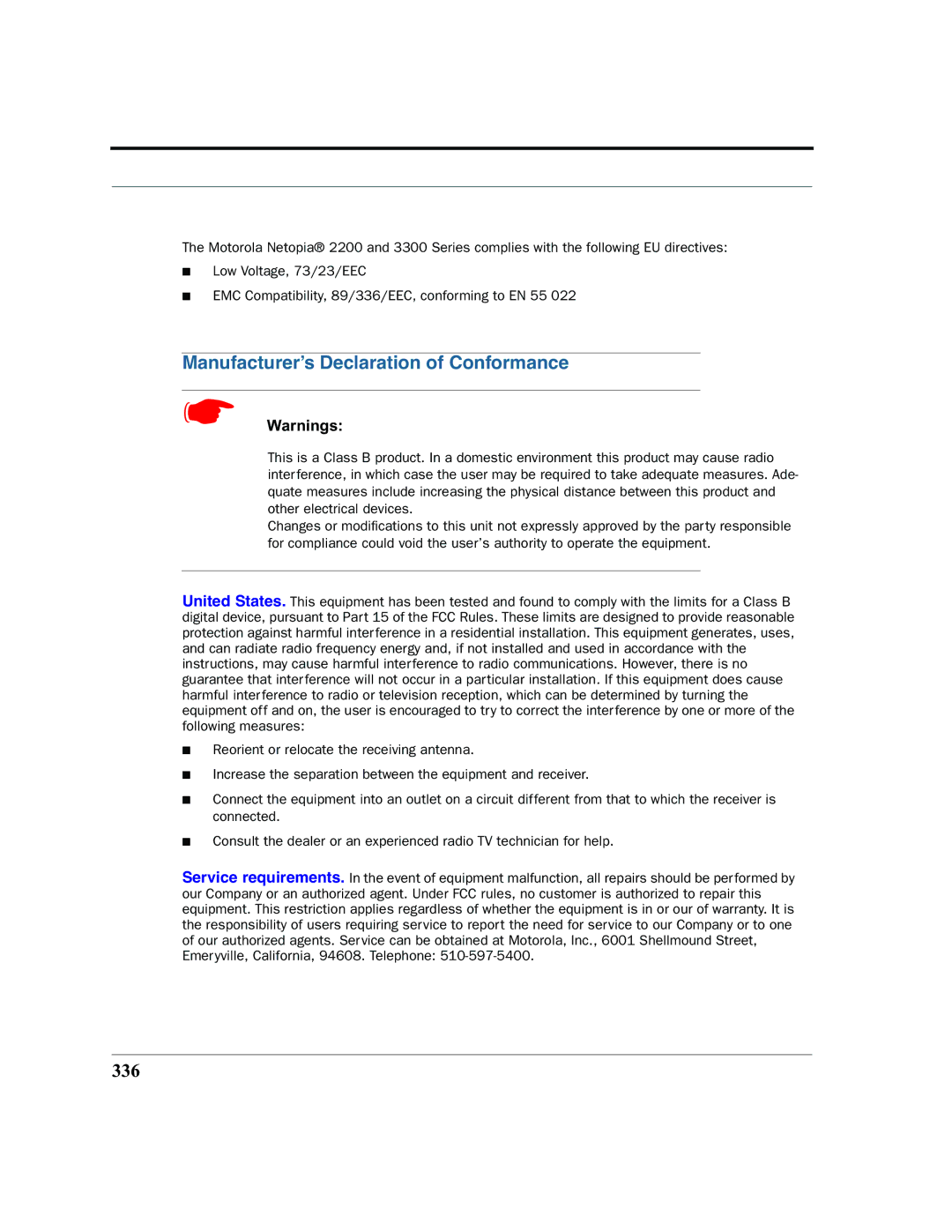 Motorola 7.7.4 manual Manufacturer’s Declaration of Conformance, 336 