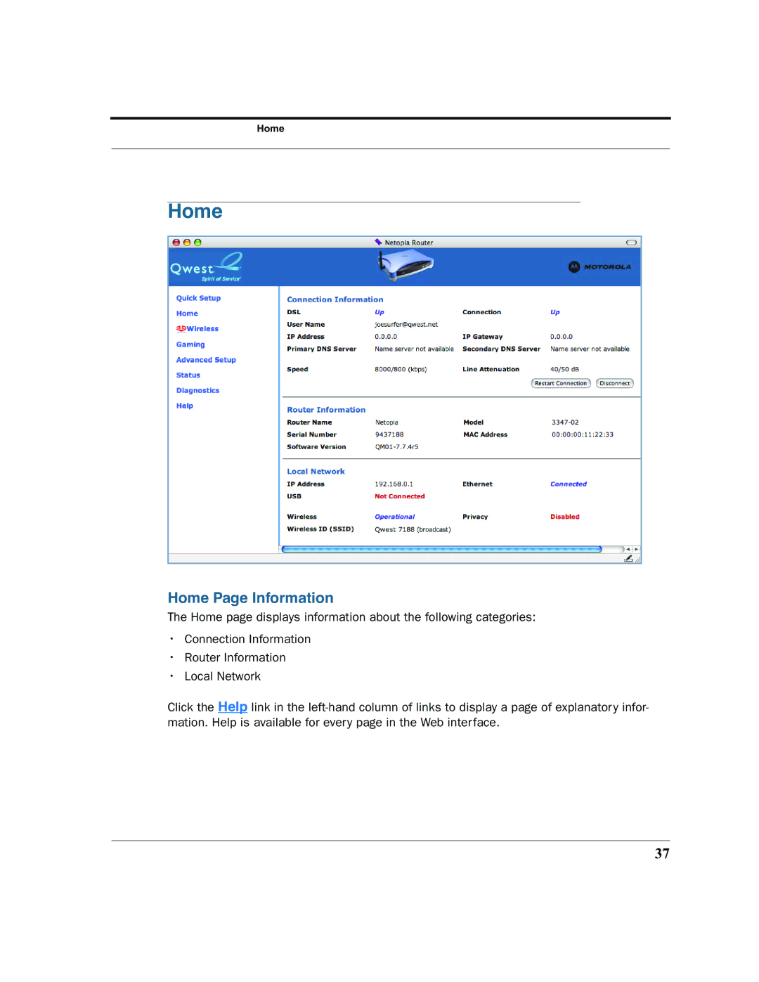 Motorola 7.7.4 manual Home Page Information 