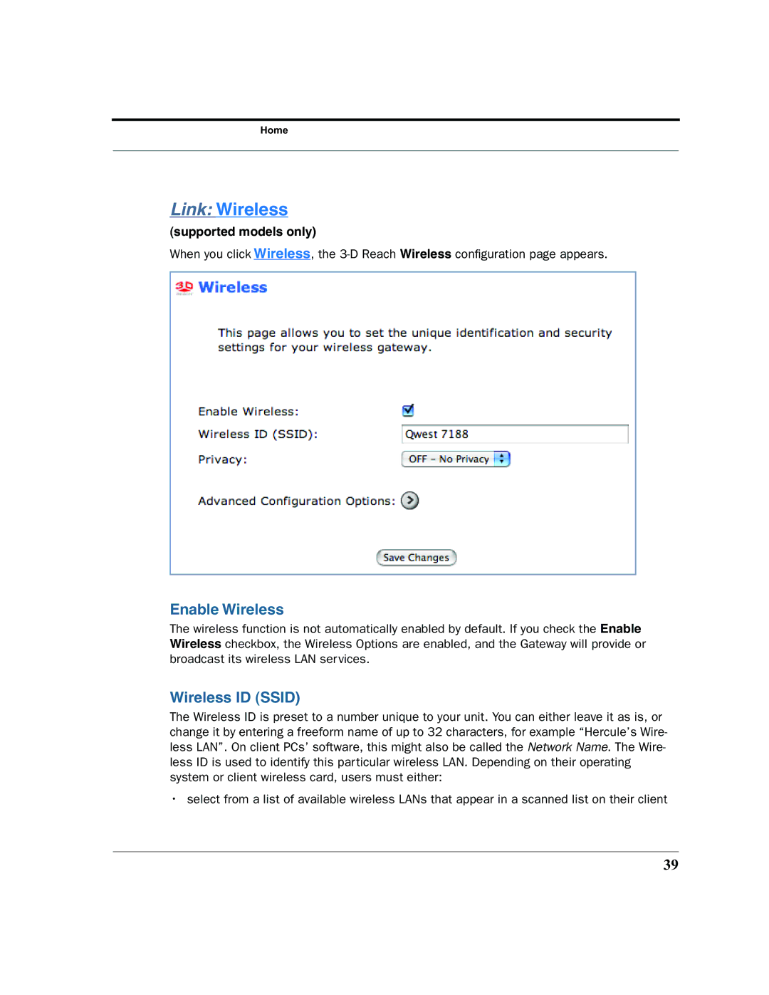 Motorola 7.7.4 manual Enable Wireless, Wireless ID Ssid 