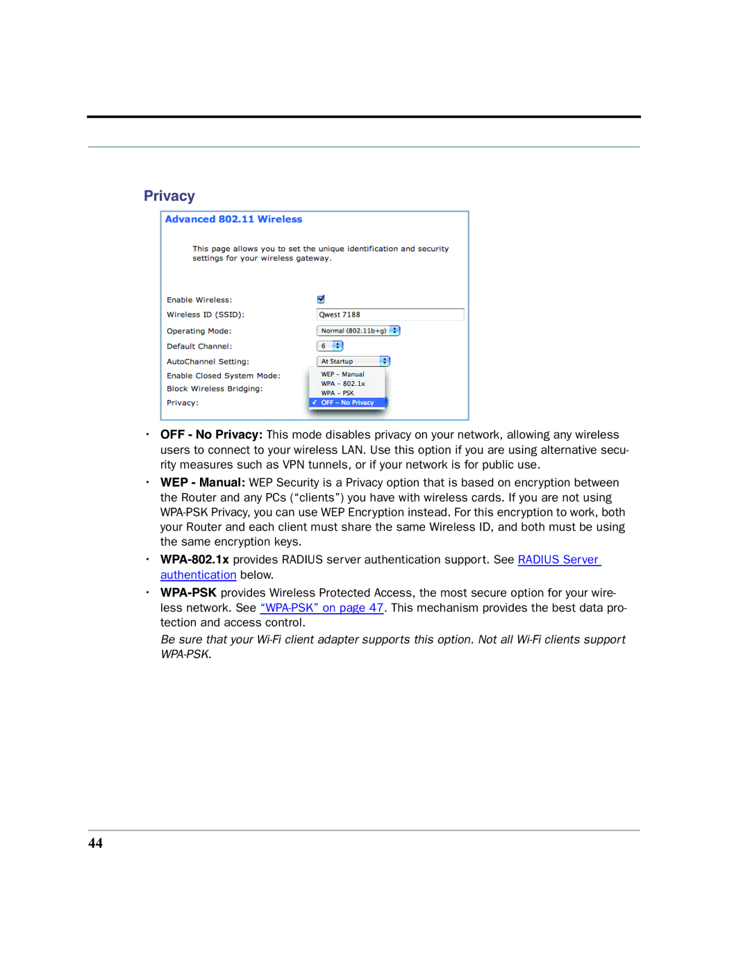 Motorola 7.7.4 manual Privacy 