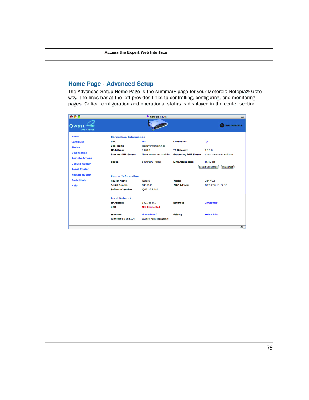 Motorola 7.7.4 manual Home Page Advanced Setup 