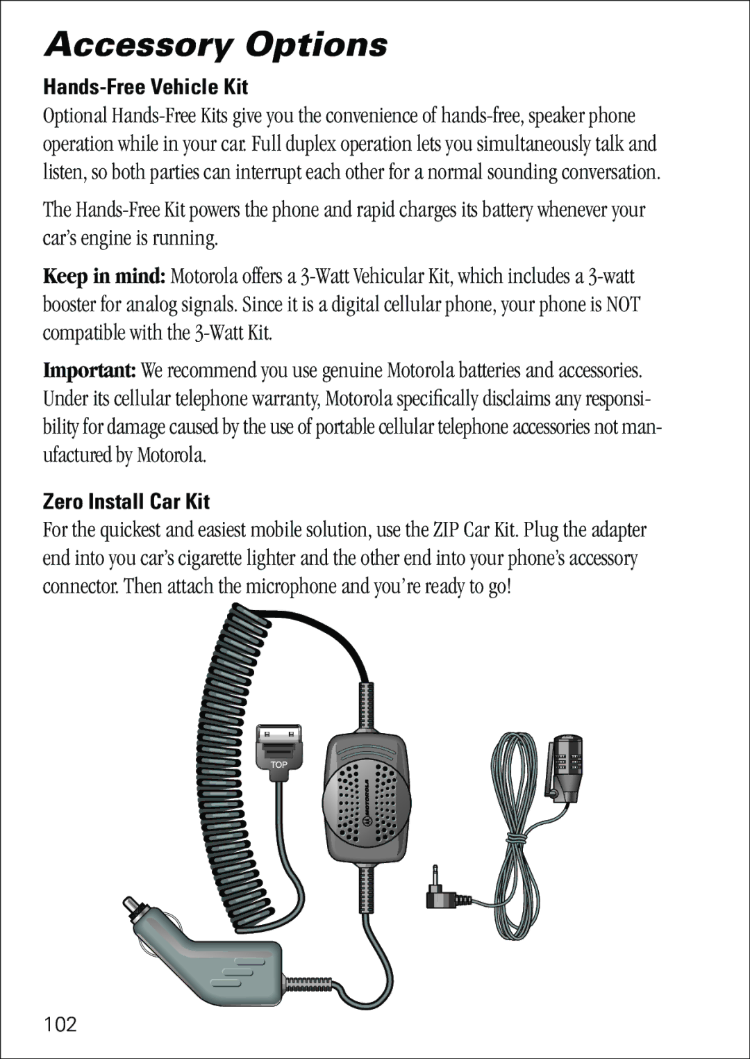 Motorola 7760 specifications Hands-Free Vehicle Kit, Zero Install Car Kit, 102 