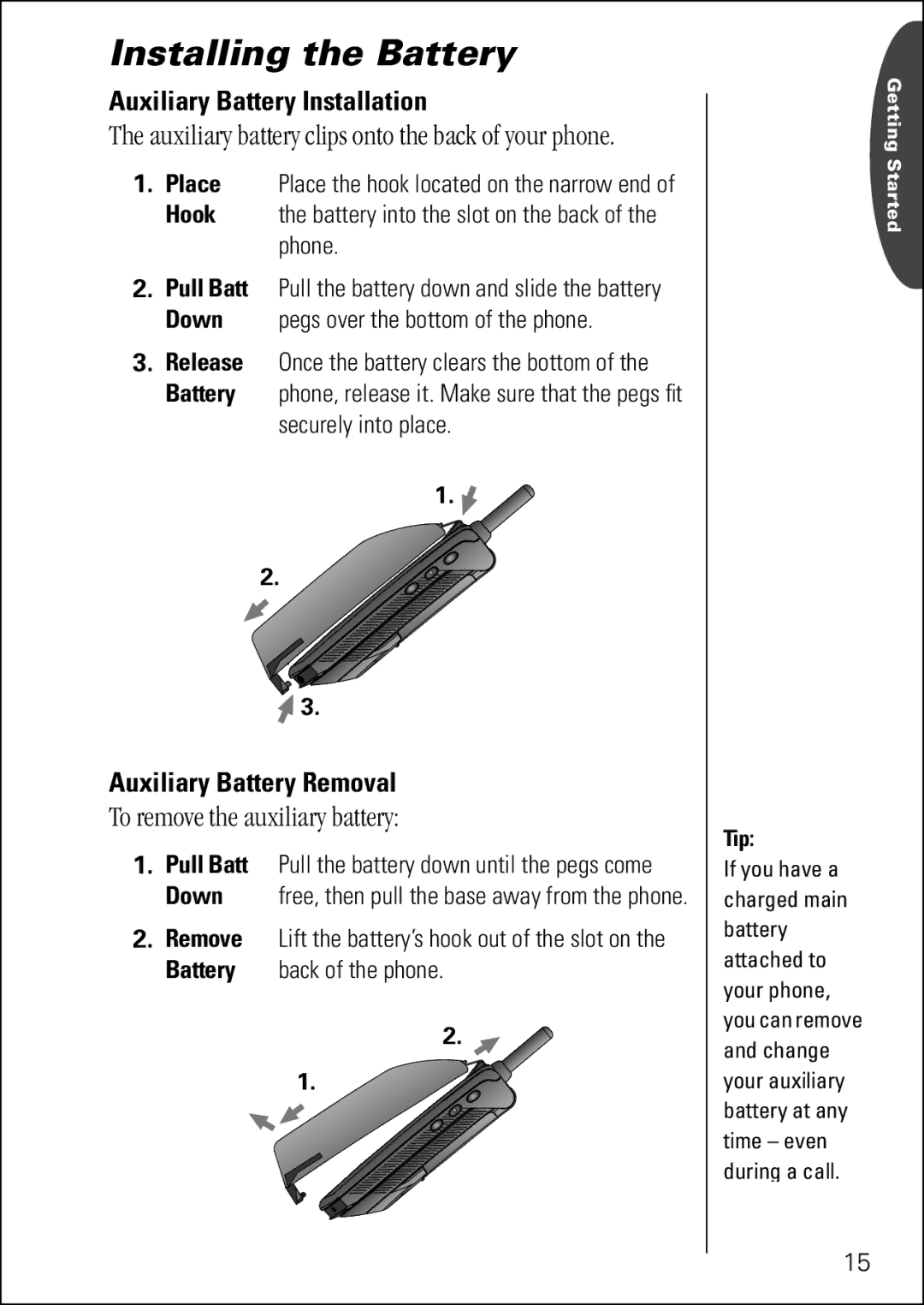 Motorola 7760 specifications To remove the auxiliary battery, Auxiliary Battery Installation, Auxiliary Battery Removal 