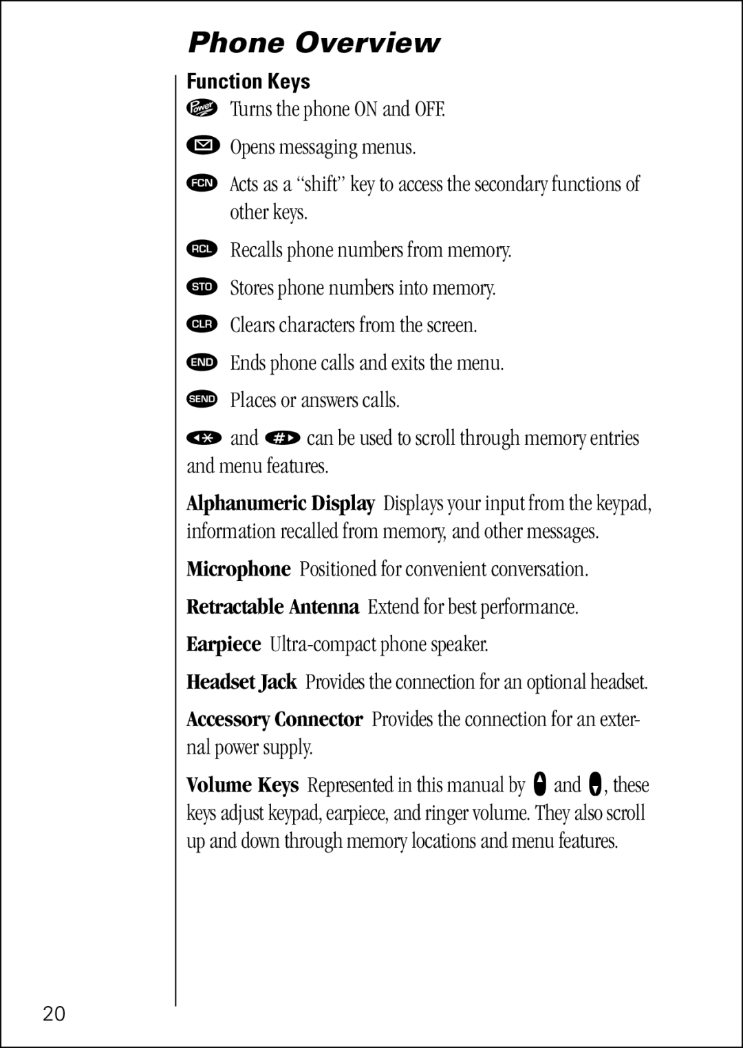 Motorola 7760 specifications Phone Overview, Function Keys 