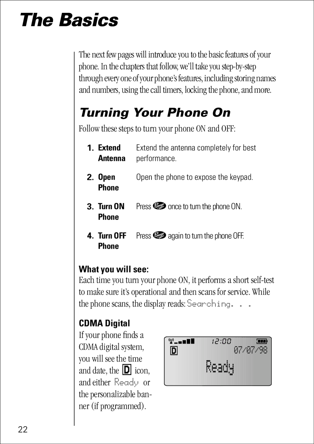 Motorola 7760 Turning Your Phone On, Follow these steps to turn your phone on and OFF, What you will see, Cdma Digital 