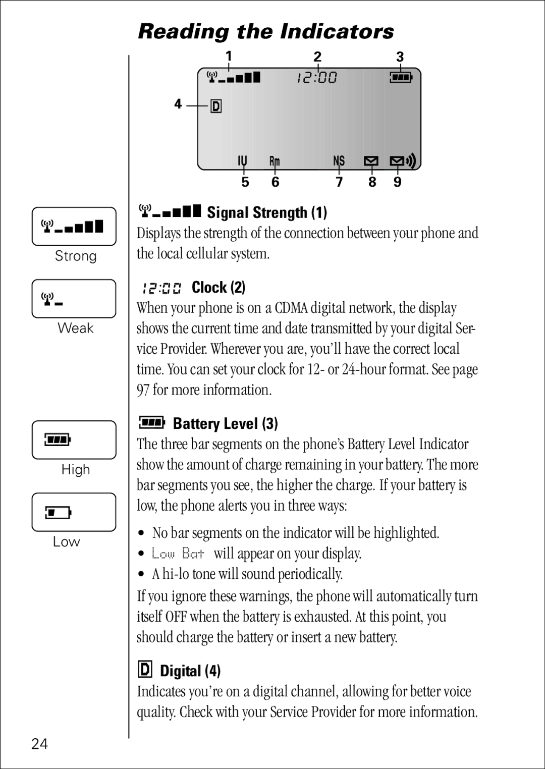 Motorola 7760 specifications Reading the Indicators, Signal Strength, Clock, Battery Level, Digital 