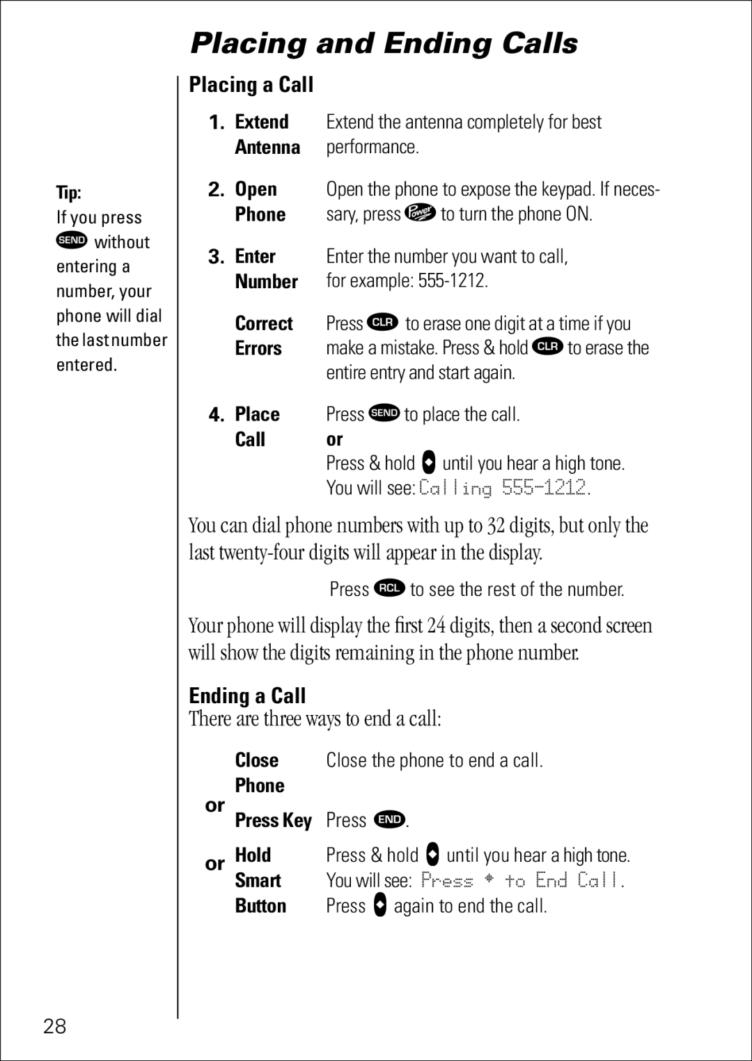 Motorola 7760 specifications Placing and Ending Calls, There are three ways to end a call, Placing a Call, Ending a Call 