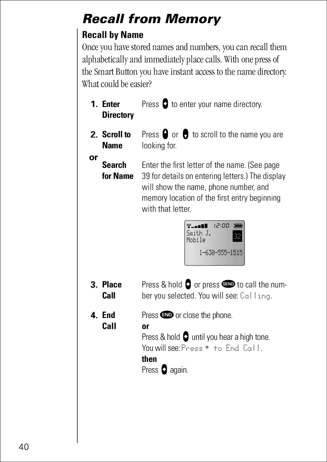 Motorola 7760 specifications Recall from Memory, Recall by Name, Directory, Then 