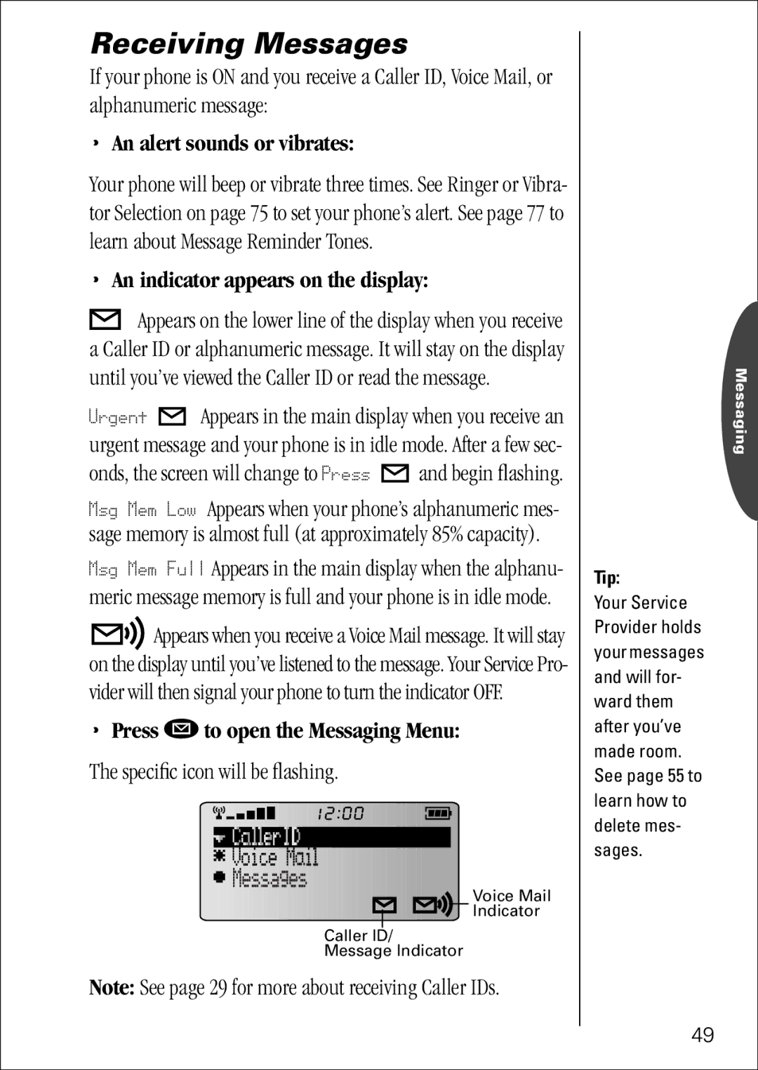 Motorola 7760 specifications Receiving Messages, Speciﬁc icon will be ﬂashing 