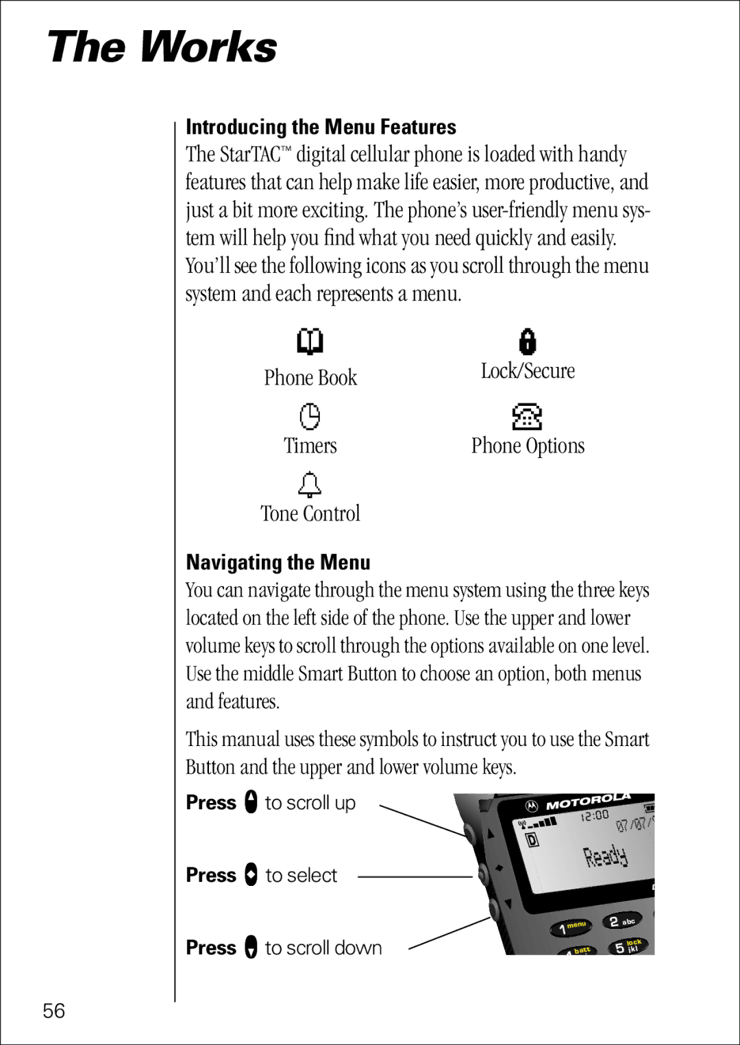 Motorola 7760 specifications Phone Book, Timers, Tone Control, Introducing the Menu Features, Navigating the Menu 