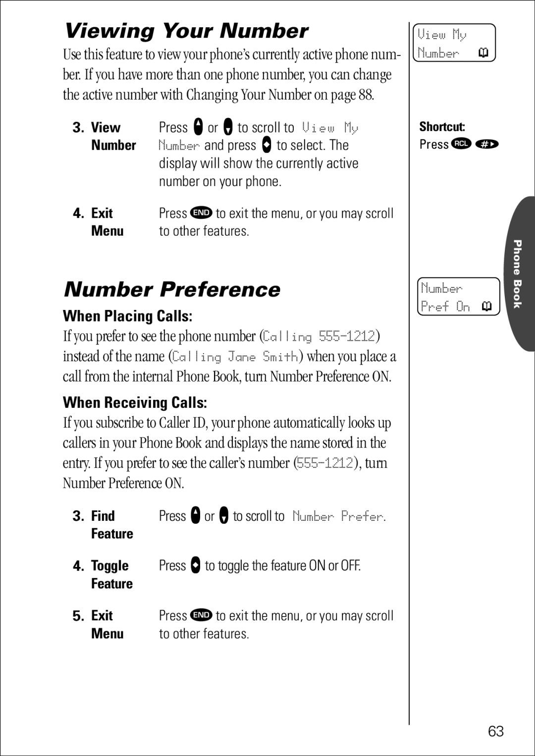 Motorola 7760 specifications Viewing Your Number, Number Preference, When Placing Calls, When Receiving Calls 