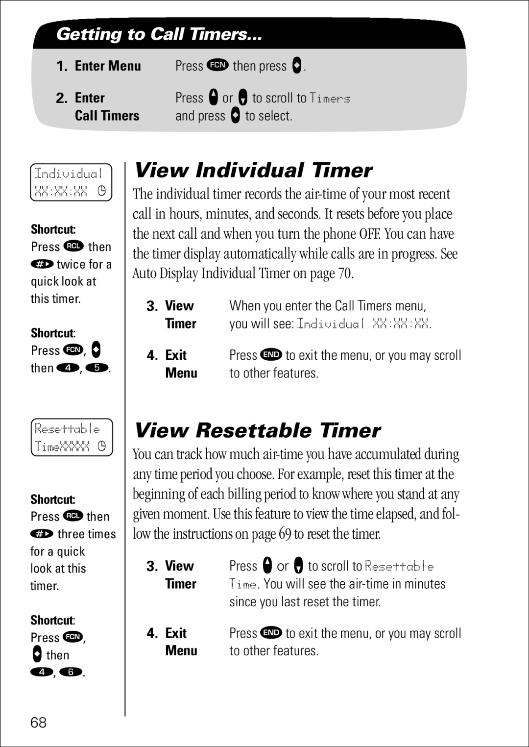 Motorola 7760 specifications View Individual Timer, View Resettable Timer, Call Timers Press a to select 