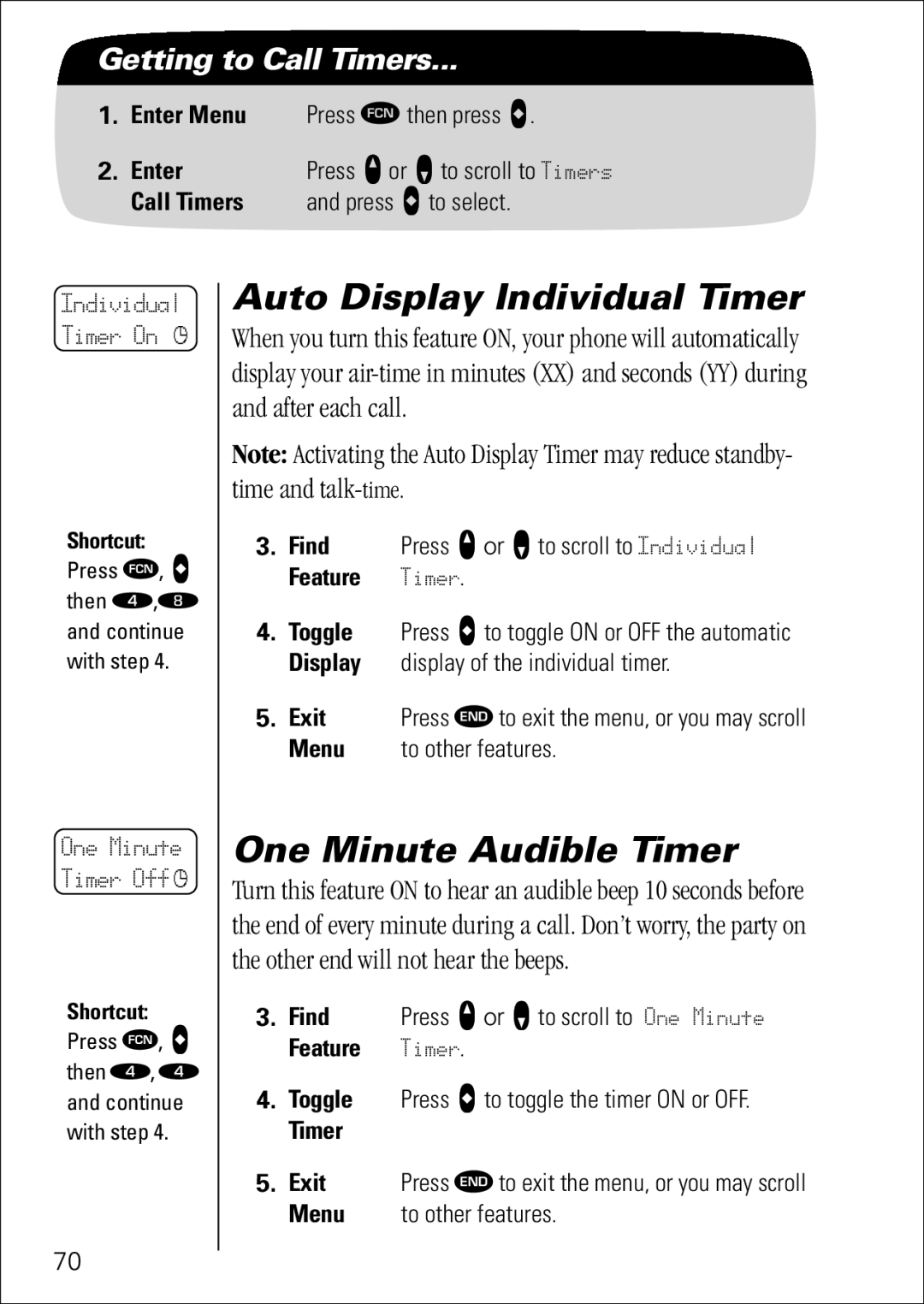 Motorola 7760 specifications Auto Display Individual Timer, One Minute Audible Timer, Feature Timer, Timer Exit 