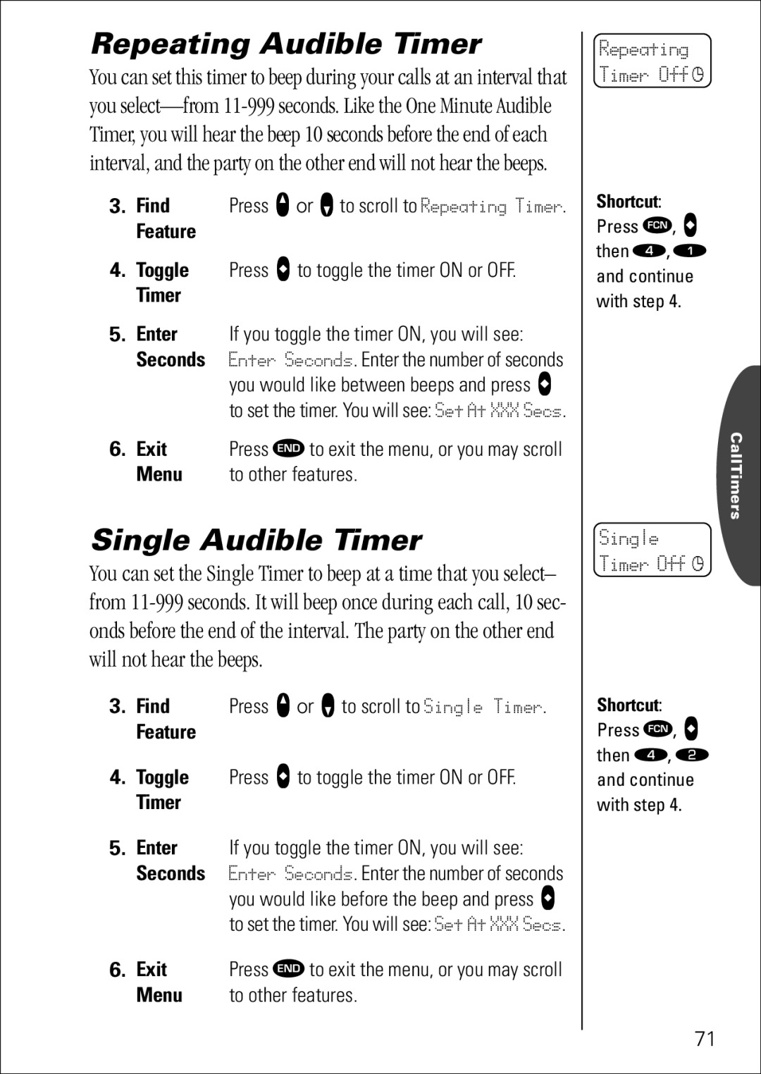 Motorola 7760 specifications Repeating Audible Timer, Single Audible Timer, Enter If you toggle the timer ON, you will see 