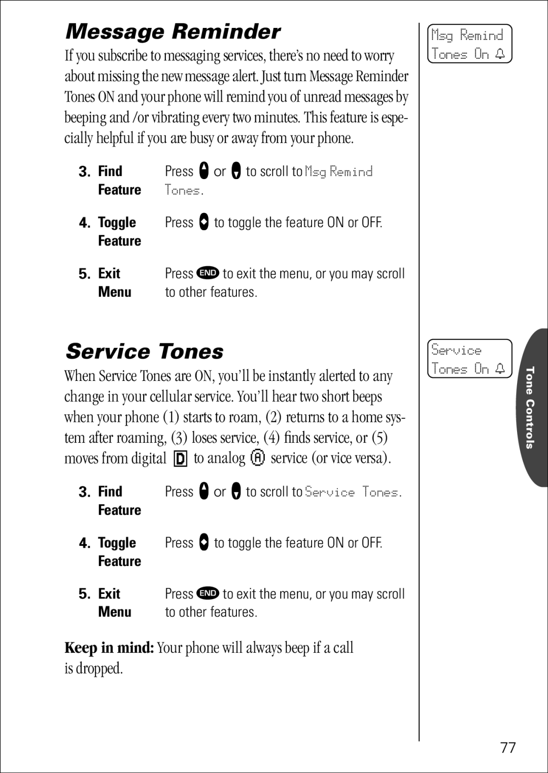 Motorola 7760 specifications Message Reminder, Find Press q or Z to scroll to Service Tones 