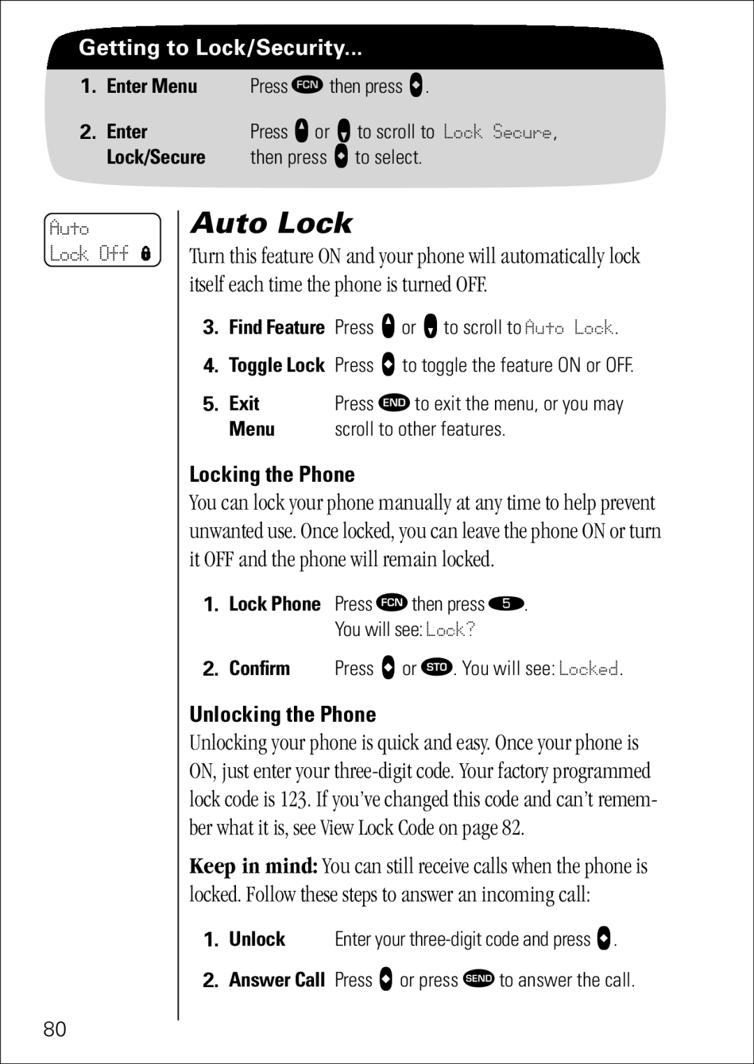 Motorola 7760 specifications Auto Lock, Locking the Phone, Unlocking the Phone, Lock/Secure 