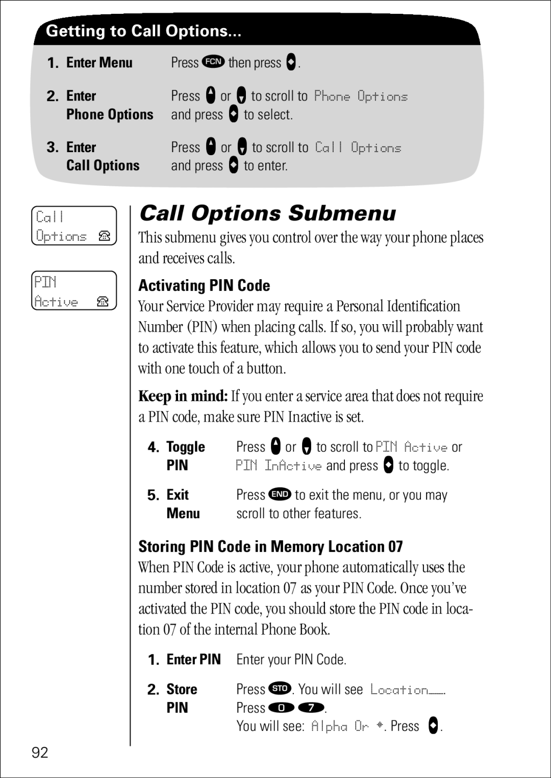 Motorola 7760 specifications Call Options Submenu, Activating PIN Code, Storing PIN Code in Memory Location 