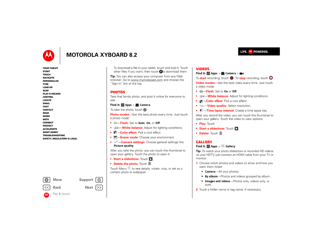 Motorola 8.2 manual Photos, Videos, Gallery, Tip You can also access your computer from any Web, Play Touch 