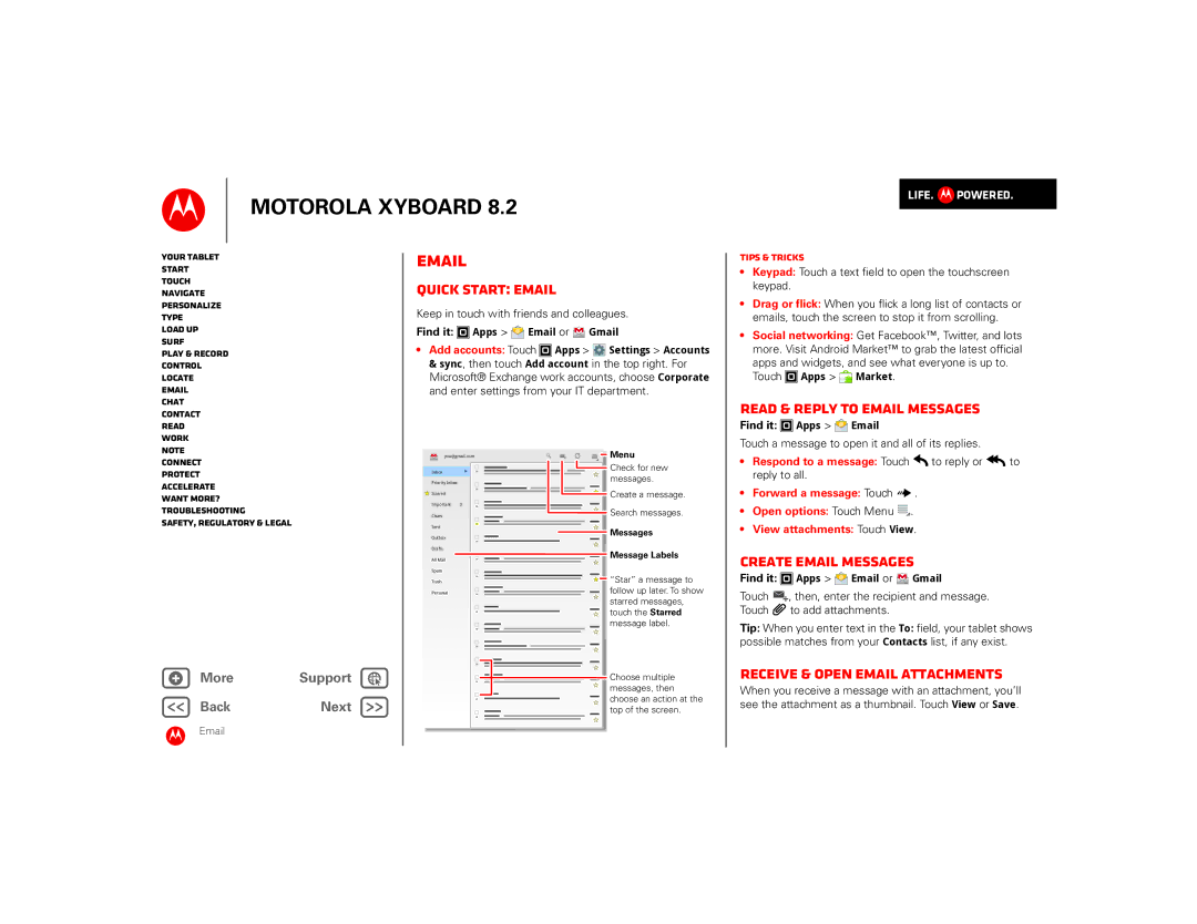 Motorola 8.2 Quick start Email, Read & reply to email messages, Create email messages, Receive & open email attachments 