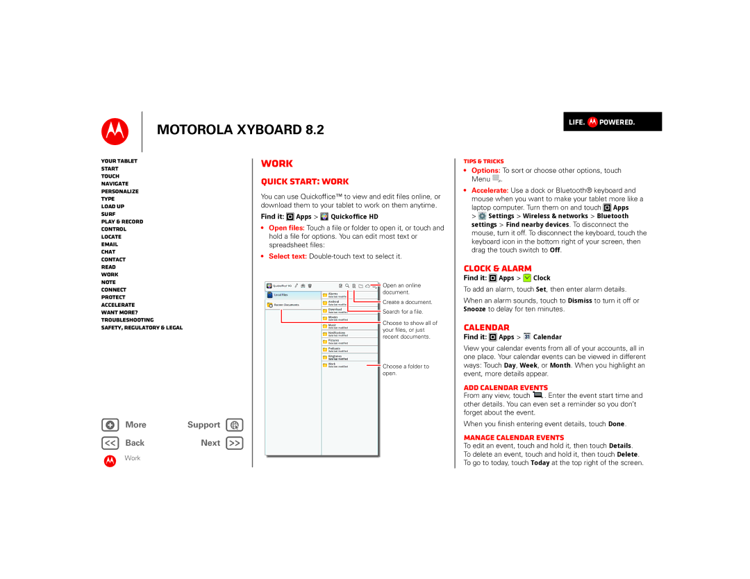 Motorola 8.2 manual Quick start Work, Clock & alarm, Calendar 