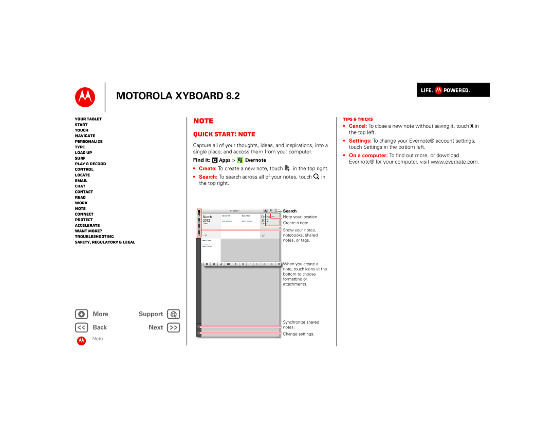 Motorola 8.2 manual Quick start Note, Apps Evernote 