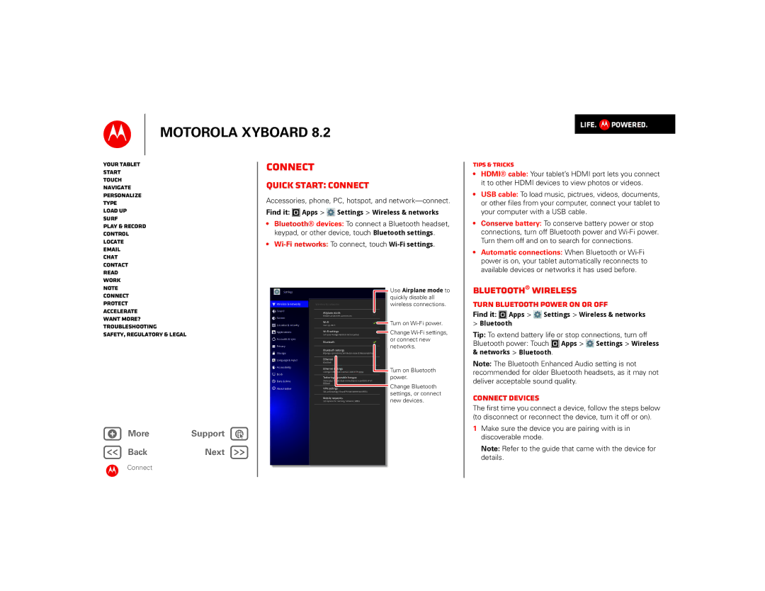 Motorola 8.2 manual Quick start Connect, Bluetooth wireless, Turn Bluetooth power on or off, Connect devices 