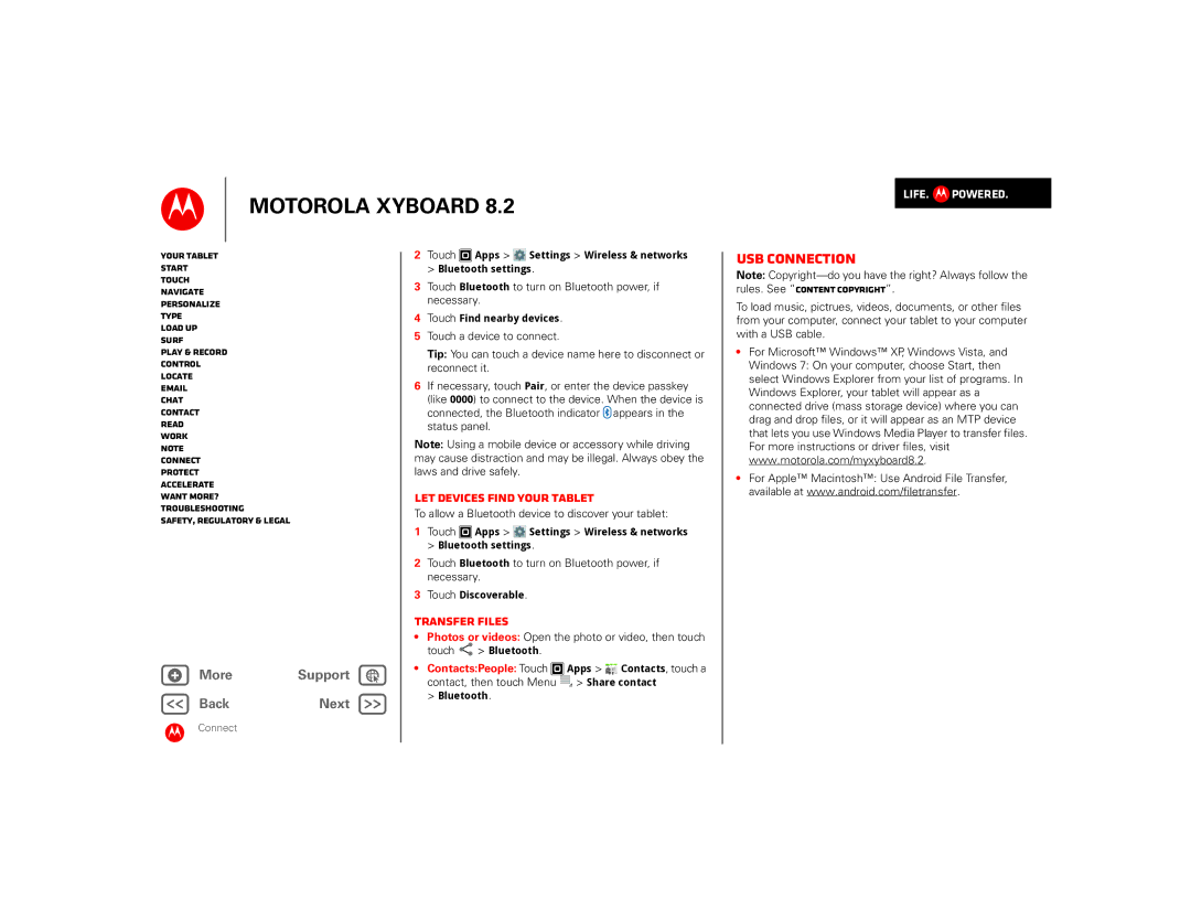 Motorola 8.2 manual USB connection, Let devices find your tablet, Transfer files 