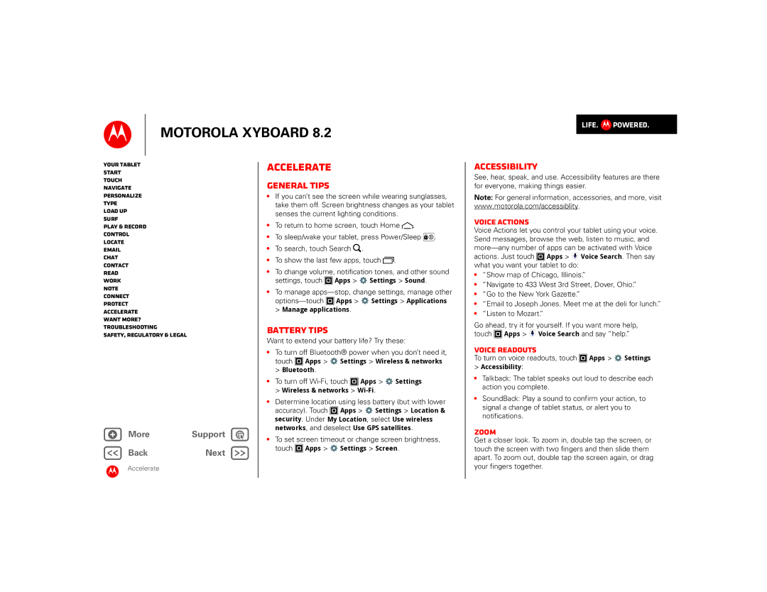 Motorola 8.2 manual Accelerate, General tips, Battery tips, Accessibility 