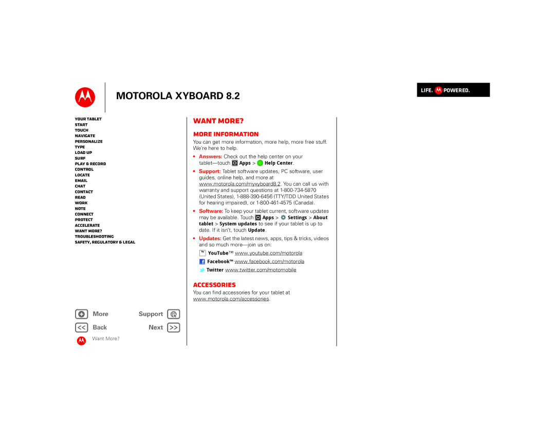 Motorola 8.2 manual Want More?, More information, Accessories, Software To keep your tablet current, software updates 