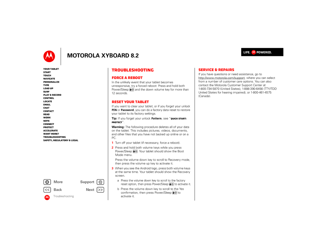 Motorola 8.2 manual Troubleshooting, Force a reboot, Reset your tablet, Service & repairs 